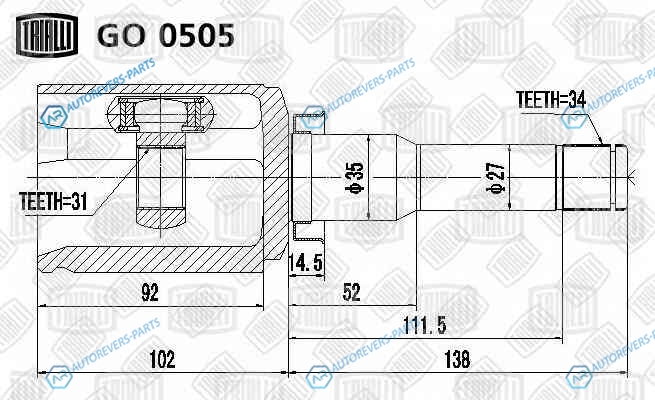 GO 0505 ШРУС внутр. лев. для ам Chevrolet Cruze (09-) 1.8 MTAT