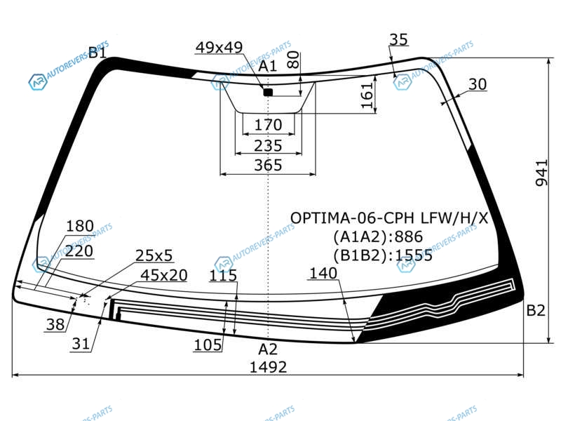 OPTIMA-06-CPH LFWHX Стекло лобовое с обогревом щеток KIA OPTIMA 4D 05-08