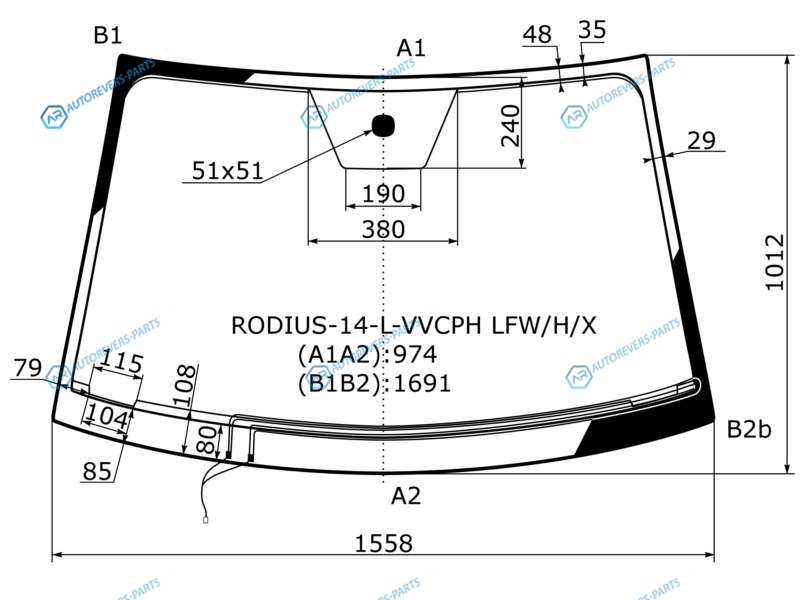 RODIUS-14-L-VVCPH LFWHX Стекло лобовое с обогревом щеток SSANGYONG RODIUS 14-