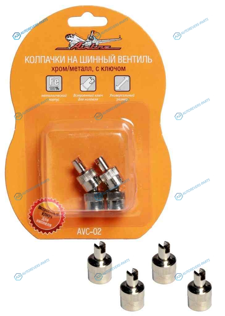 AVC-02 Колпачки на шинный вентиль с ключом. хром. металл 4 шт.. комплект
