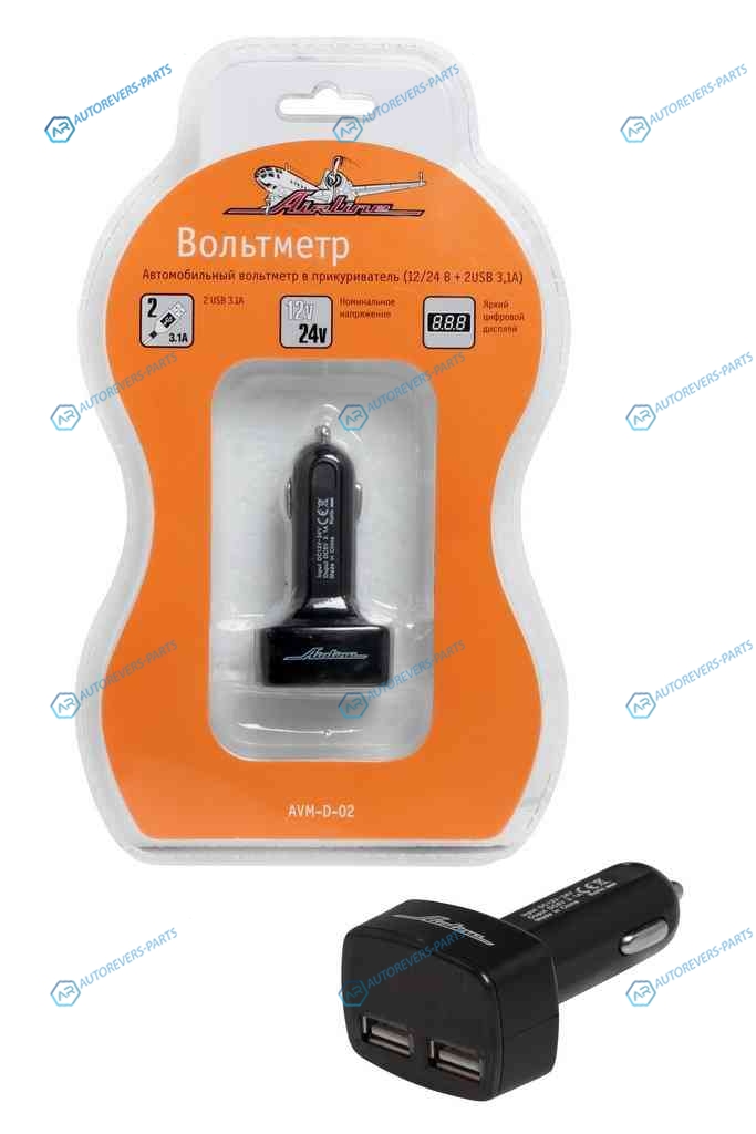 AVM-D-02 Вольтметр в прикуриватель 12-24В + 2USB 3.1A