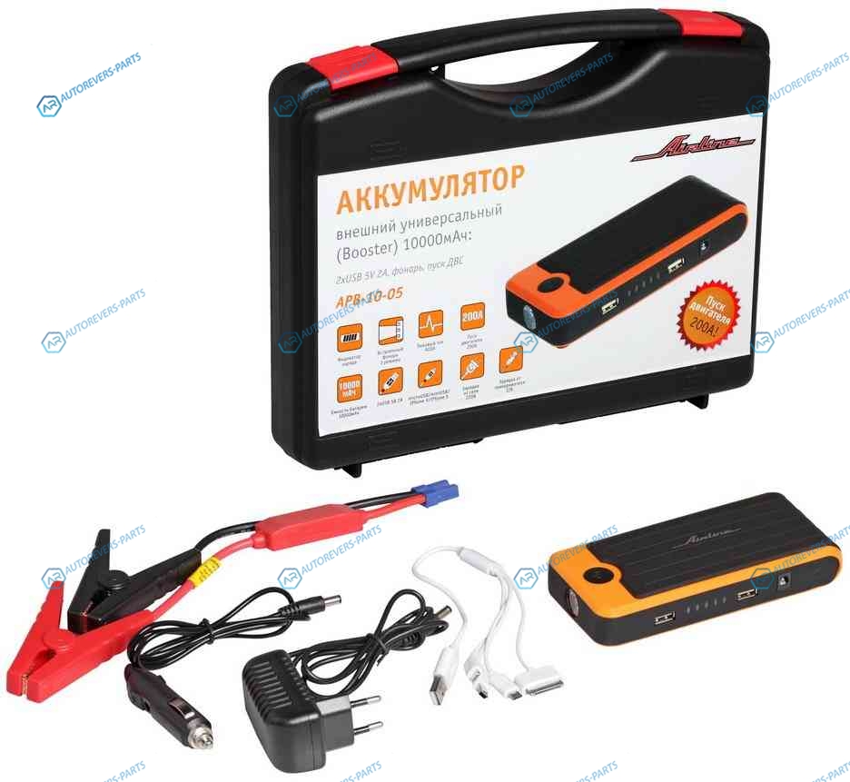 APB-10-05 Аккумулятор внешний универсальный (Booster) 10000мАч: 2xUSB 5V 2A. фонарь. пуск ДВС