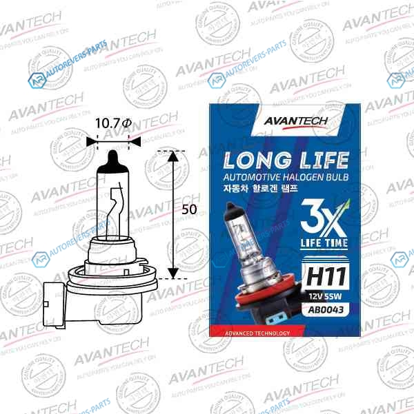 AB0043 Лампа головного света Avantech H11 12V 55W Long Life